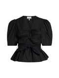 Black Stretch Cotton Tie Strap Blouse