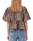 Leopard Cotton Poplin Peplum Tie Blouse