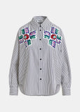 Black and white sequin-embroidered pinstripe shirt