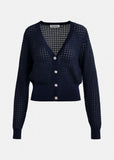 Dark blue knitted v-neck cardigan with rhinestone-embellished buttons