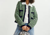 Green, black and white tweed jacket with pearl embellishments