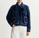 Dark blue knit with contrasting stitching and self-fabric scarf