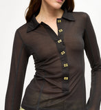 Black Sheer Mesh Jersey Buttoned Top