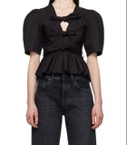 Black Stretch Cotton Tie Strap Blouse