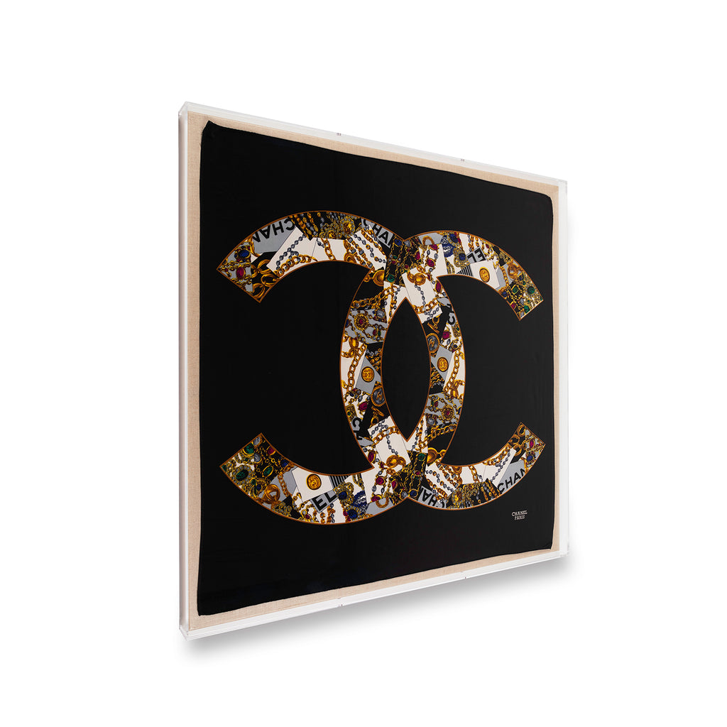 Framed Chanel Bijoux Scarf Black in 36 by 36 Shadowbox