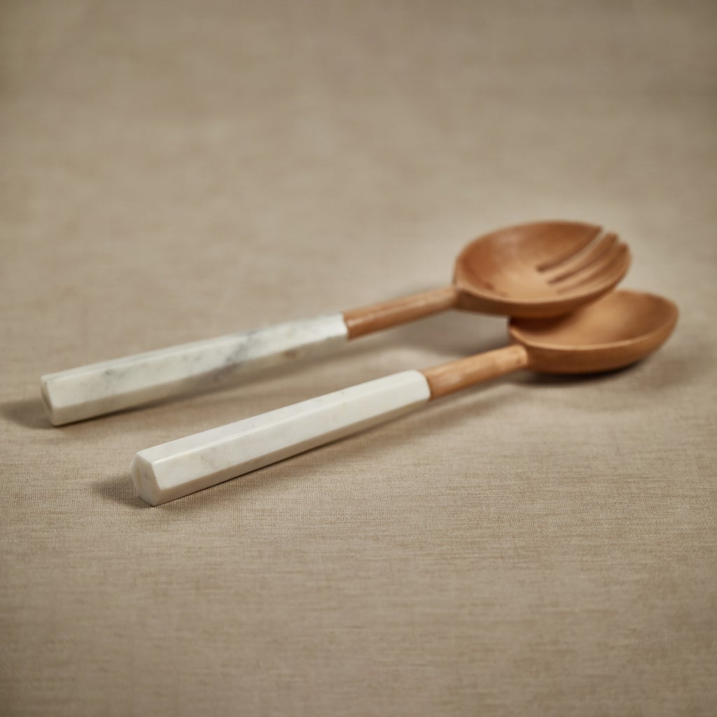 Wooden Salad Servers with Marble Handles